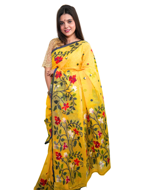Gulbahaar Yellow Cotton Silk Resham Saree