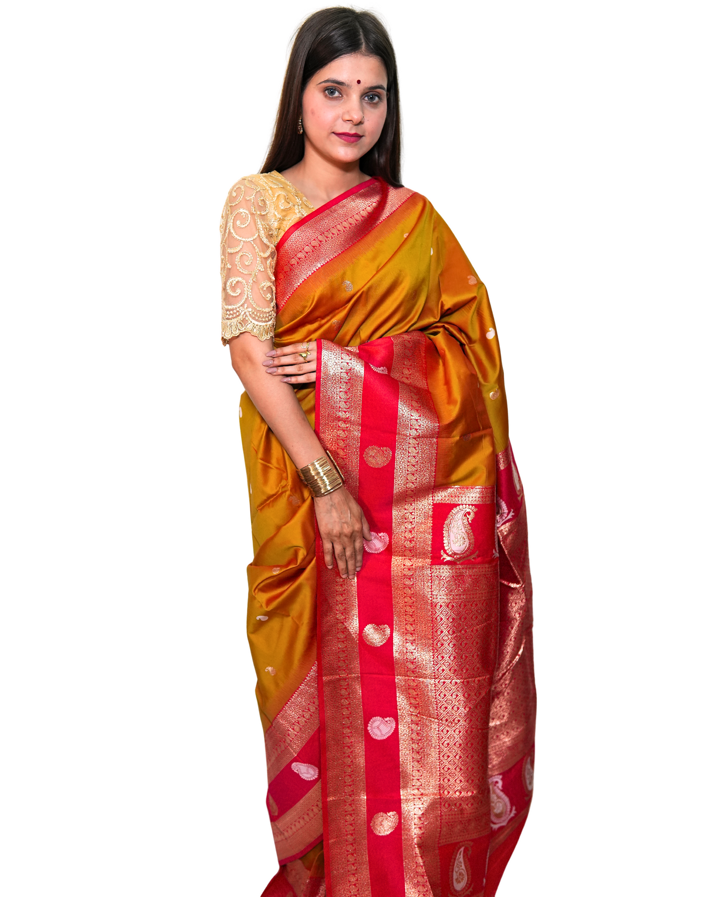 Rajnandini Mustard Red Silk Saree