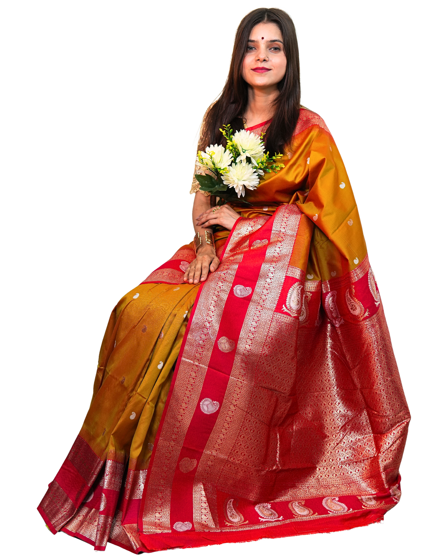 Rajnandini Mustard Red Silk Saree