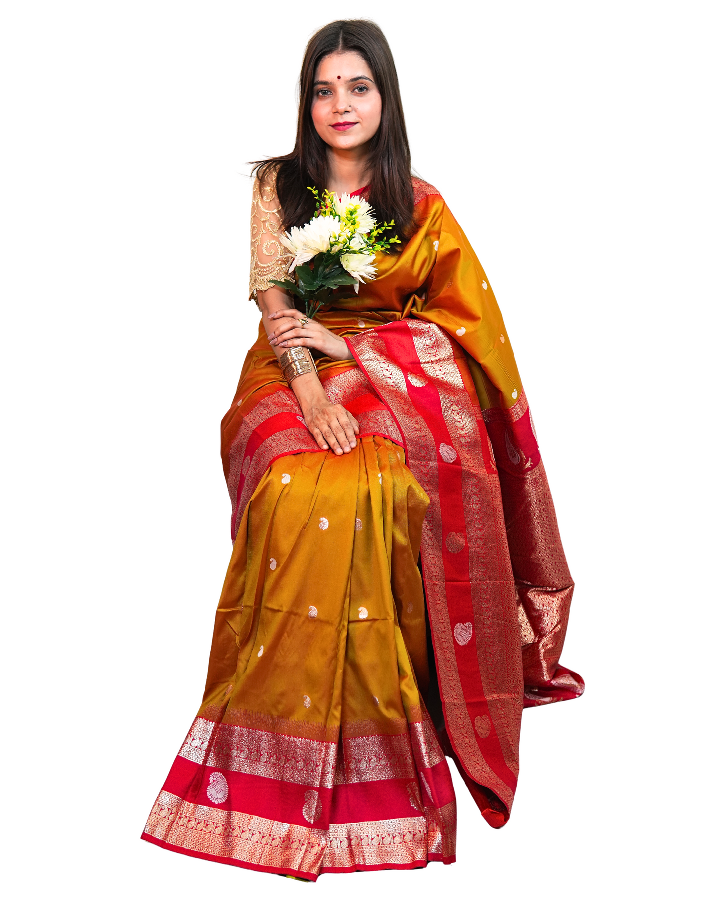 Rajnandini Mustard Red Silk Saree