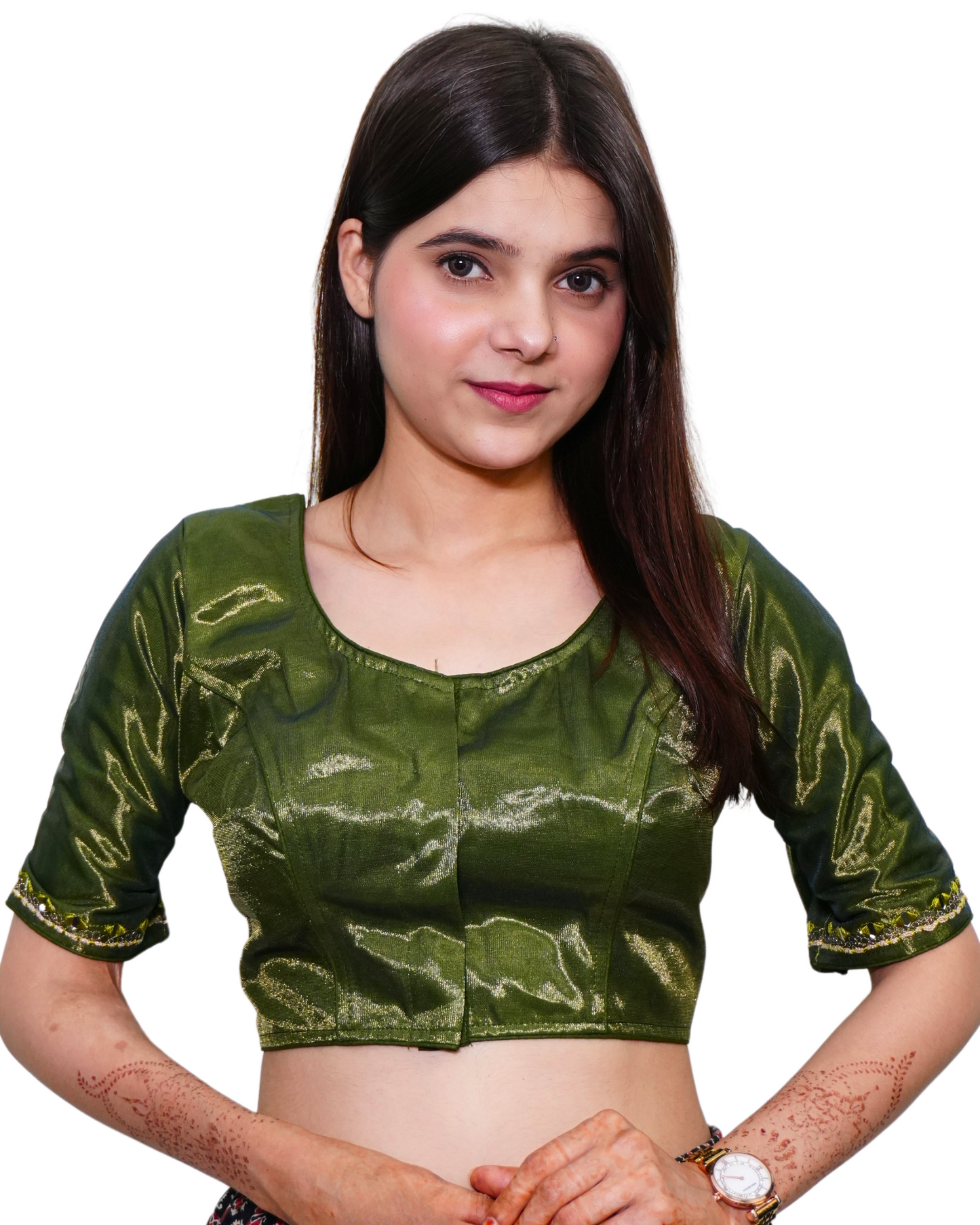 Woman wearing a green blouse with leaf patterns on a white background
