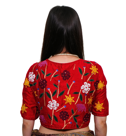 Red Embroidered Silk Blouse