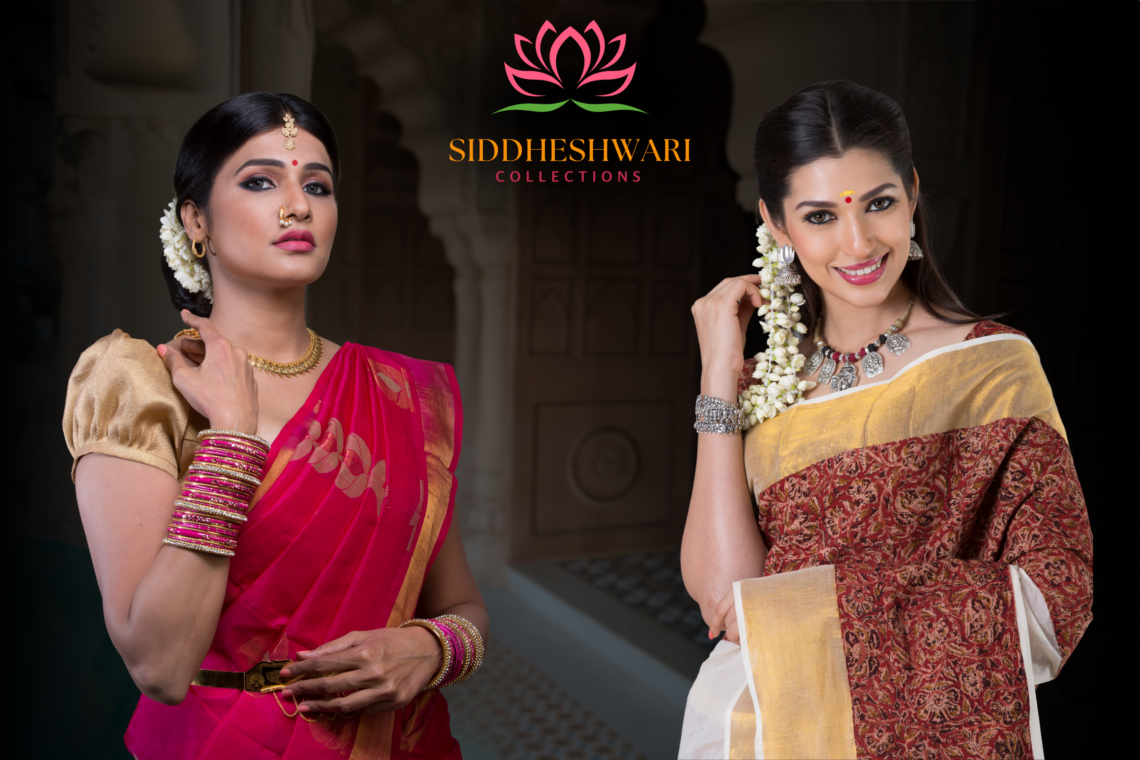 Two women in traditional sarees with Siddheshwari Collections logo.